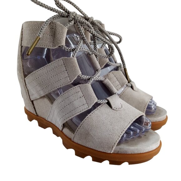 Sorel Joanie II Wedge Lace Up Leather Sandals Size 6.5 Beige Gladiator Kinetic - Picture 1 of 12